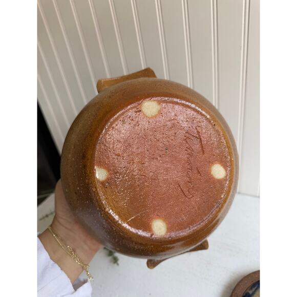 Salt Glazed Stoneware Covered Dish | Rustic Handmade Pottery Blue Floral Design - Picture 5 of 9